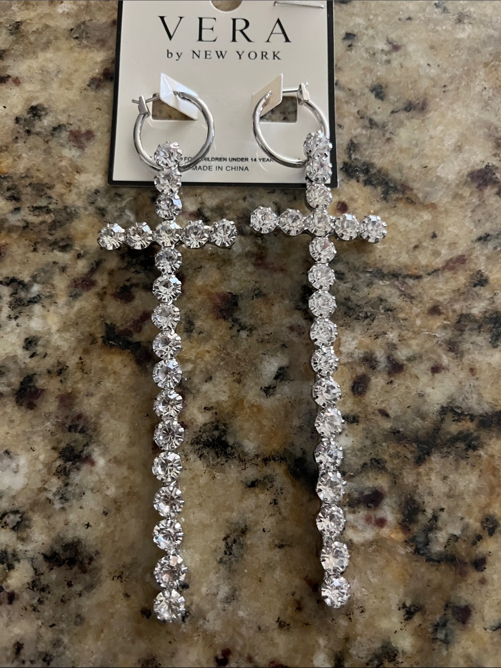 Long Rhinestone Cross Drop Earrings - Silver Clear